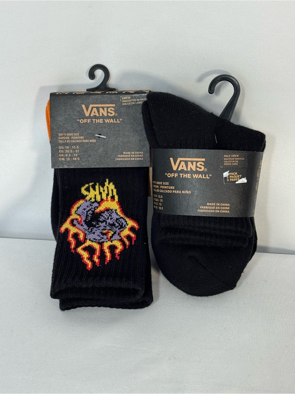 Vans Black Crew Socks 2-Pack with Flame Skull Graphic